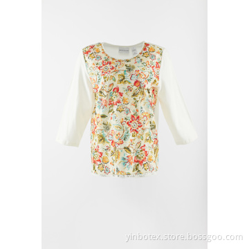 Long sleeve T shirt with print lace front